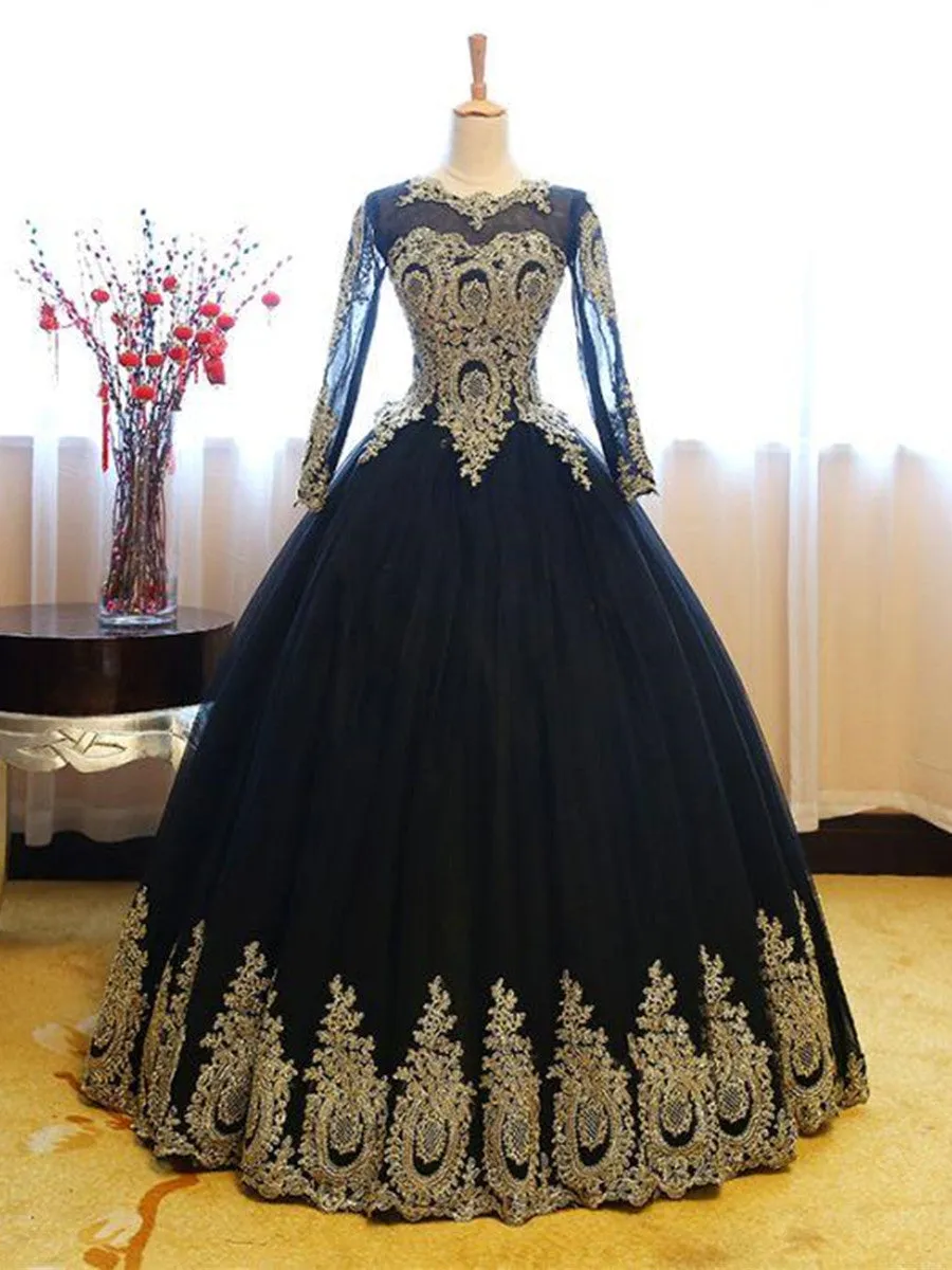 Long Sleeves Gold Appliques Long Lace-up Pink Black Ball Gown Prom, Formal, Evening