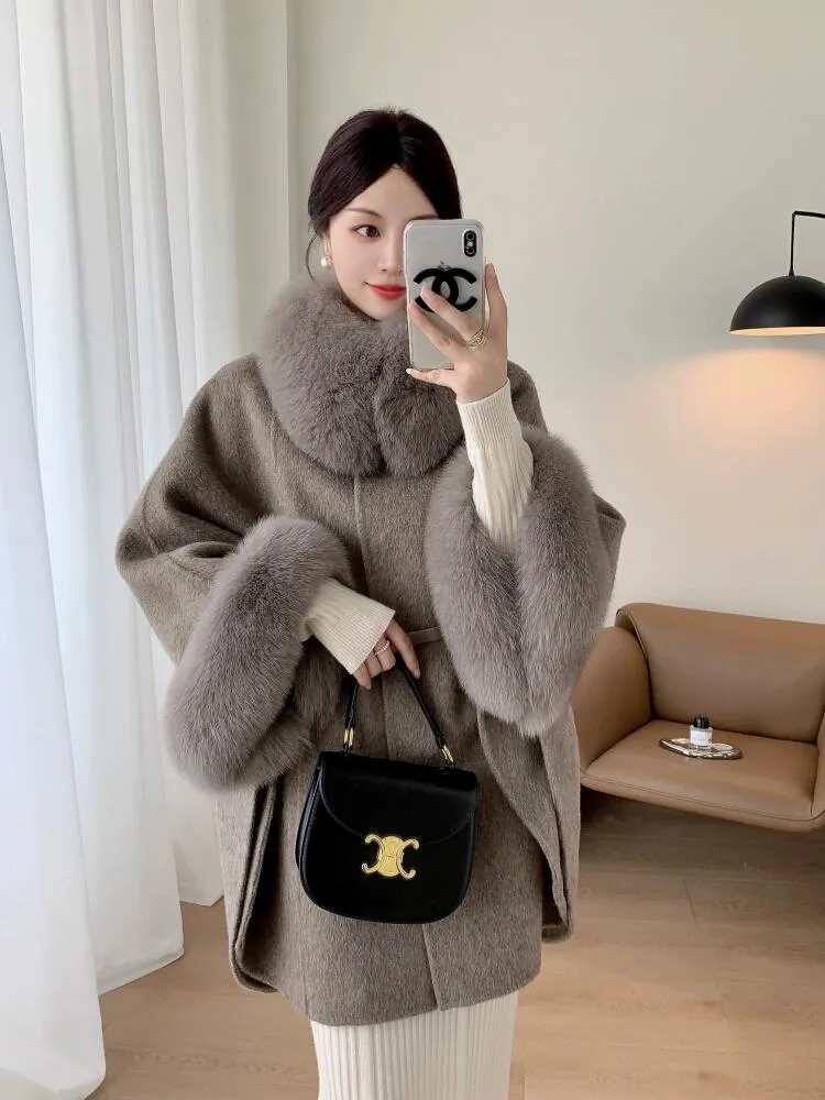 Luxury Fox Fur & Cashmere Shawl Coat for Women