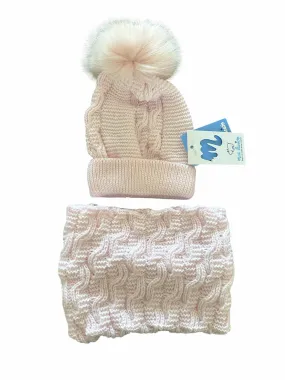 Mac Ilusion AW24 - Baby Girl's Pink Pom Pom Cable Knit Hat with Neck Muff