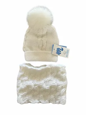 Mac Ilusion AW24 - Unisex Baby White Pom Pom Cable Knit Hat with Neck Muff