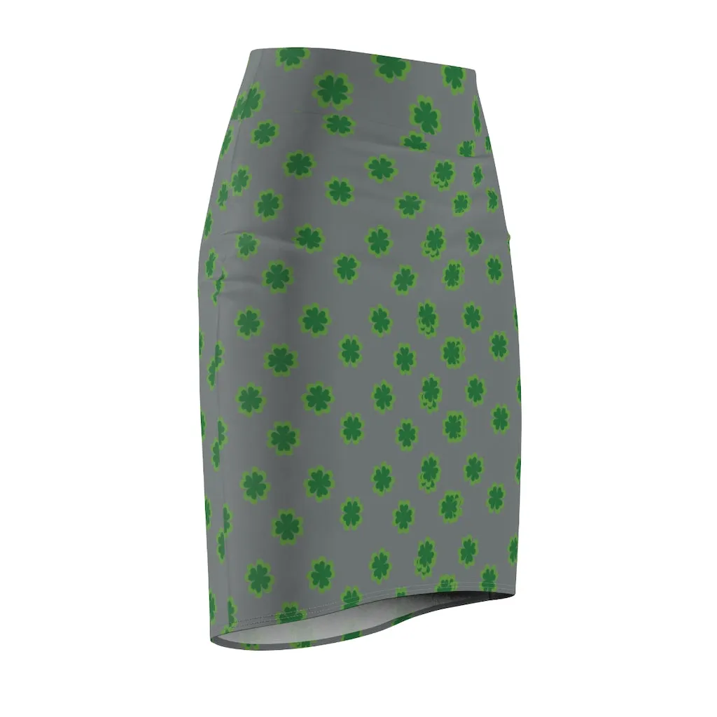 Medium Gray Clover Pencil Skirt, Green Clover Leaf Print St. Patrick's Day Women's Pencil Skirt- Made in USA