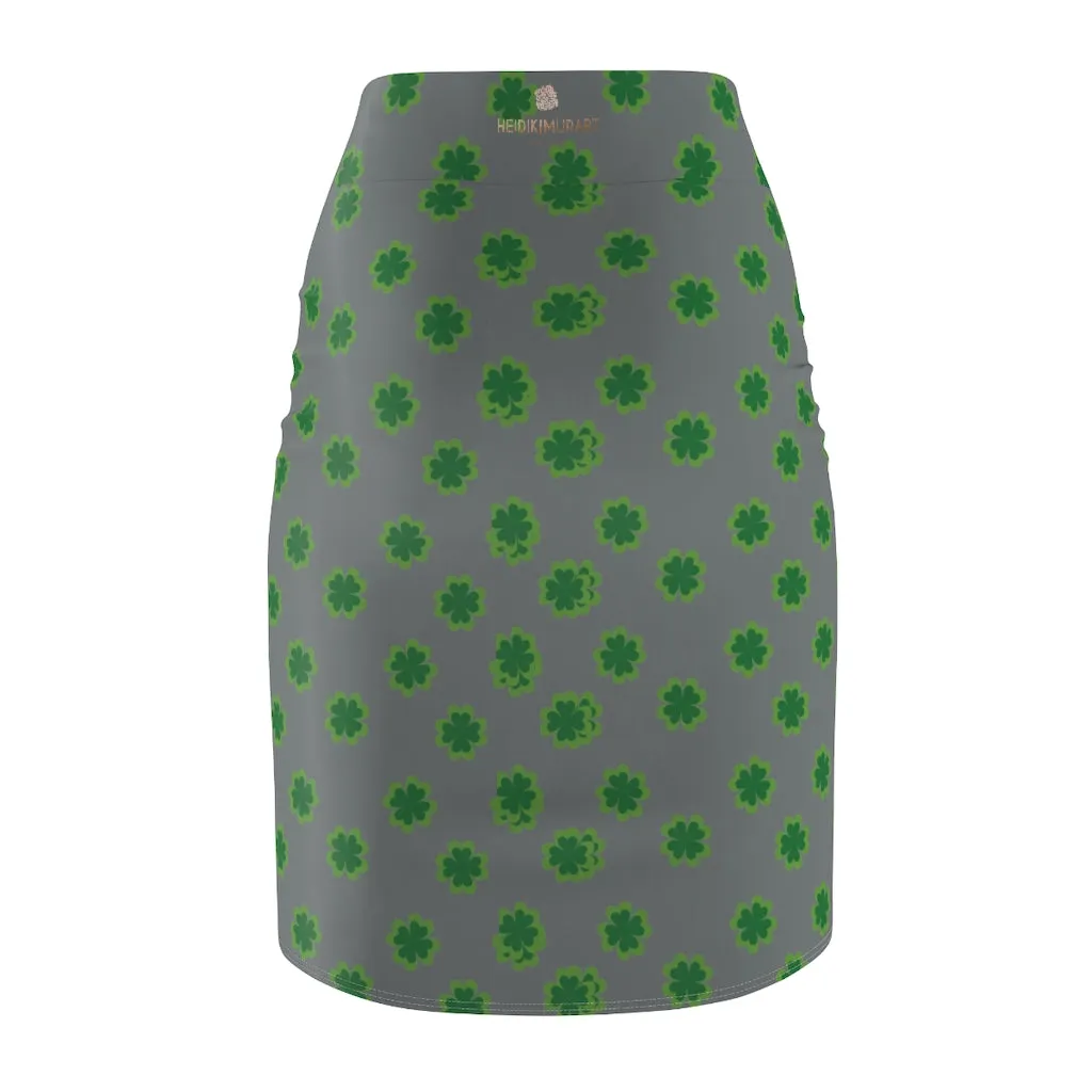 Medium Gray Clover Pencil Skirt, Green Clover Leaf Print St. Patrick's Day Women's Pencil Skirt- Made in USA