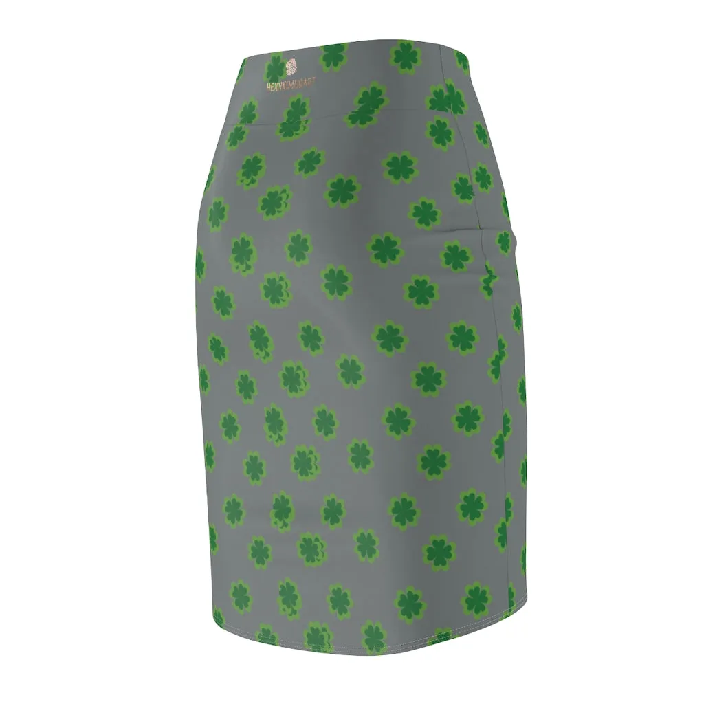 Medium Gray Clover Pencil Skirt, Green Clover Leaf Print St. Patrick's Day Women's Pencil Skirt- Made in USA