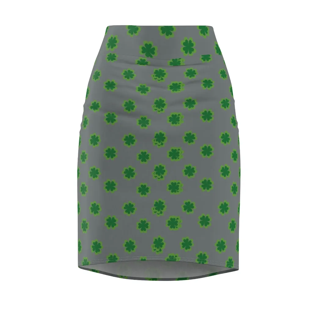 Medium Gray Clover Pencil Skirt, Green Clover Leaf Print St. Patrick's Day Women's Pencil Skirt- Made in USA