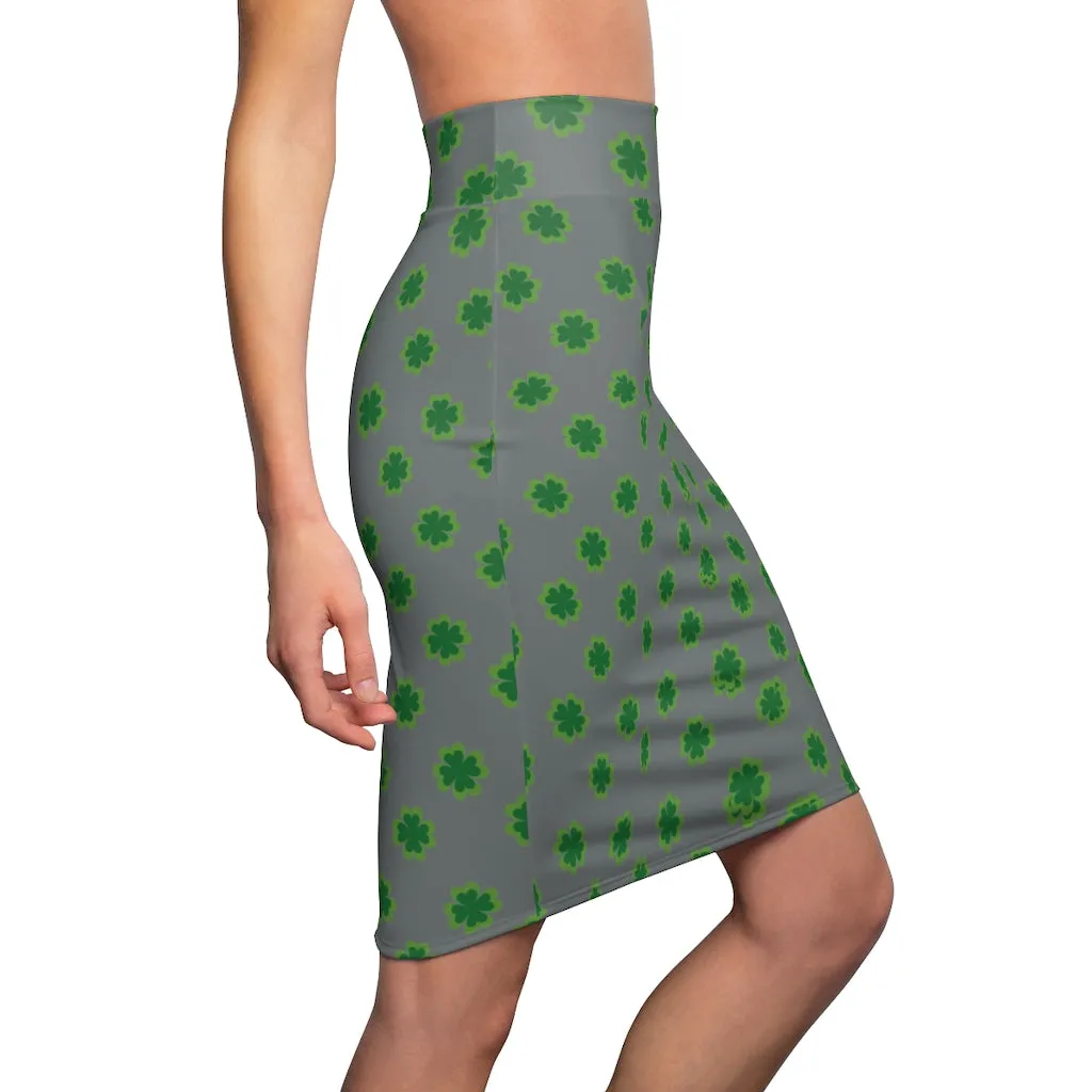 Medium Gray Clover Pencil Skirt, Green Clover Leaf Print St. Patrick's Day Women's Pencil Skirt- Made in USA