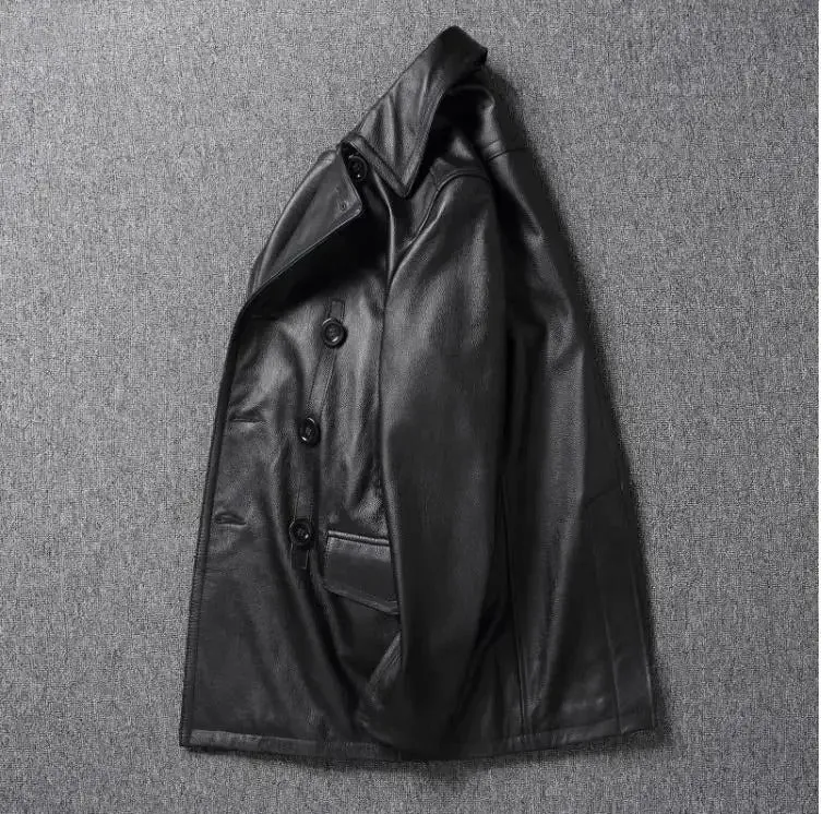 Men's Black Cowhide Leather Trench Coat - Genuine Leather Long Windcoat