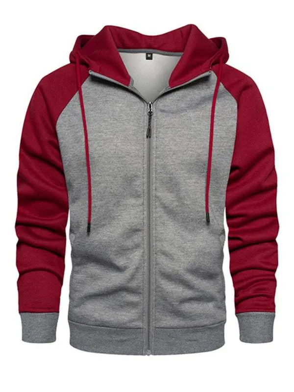 Men's casual contrasting color zipper cardigan hooded sweatshirt