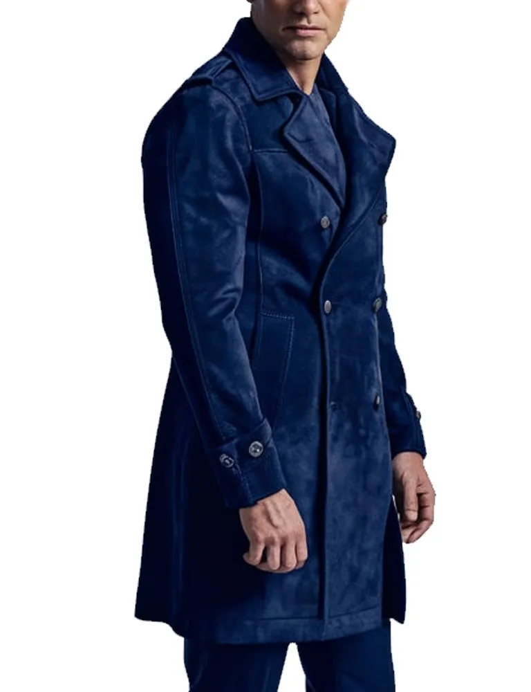 Men's Navy Blue Suede Double-Breasted Trench Coat