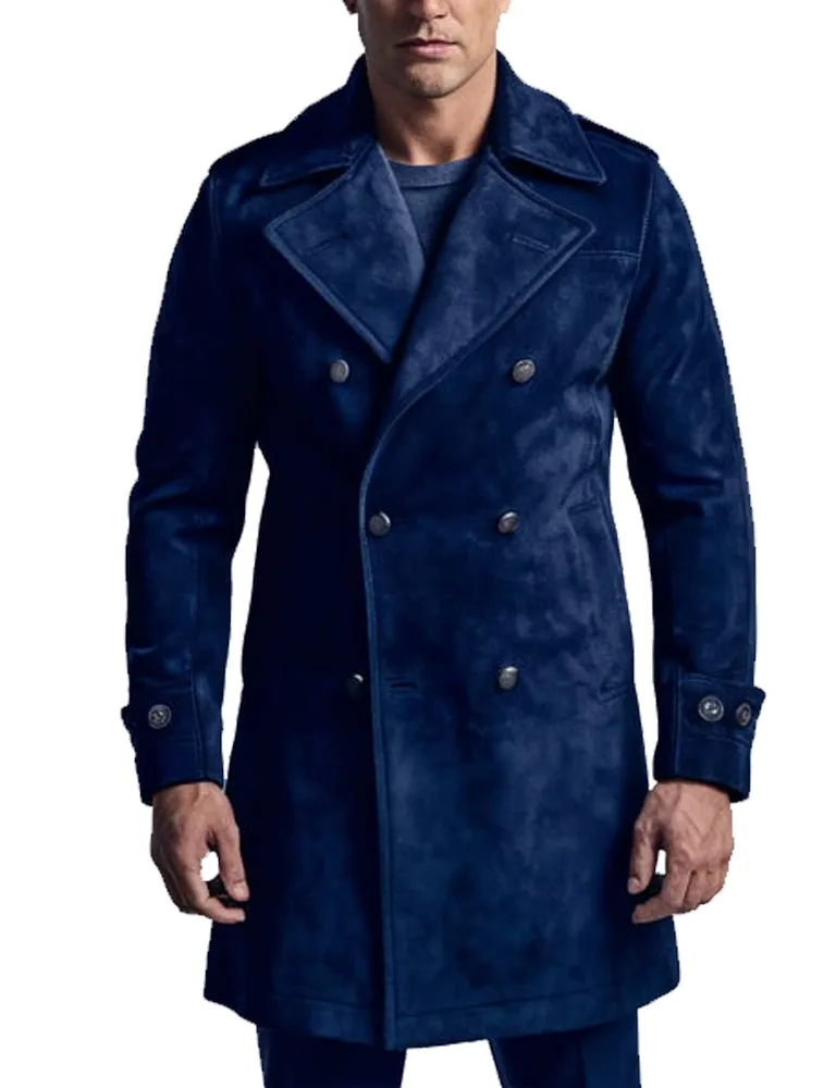 Men's Navy Blue Suede Double-Breasted Trench Coat