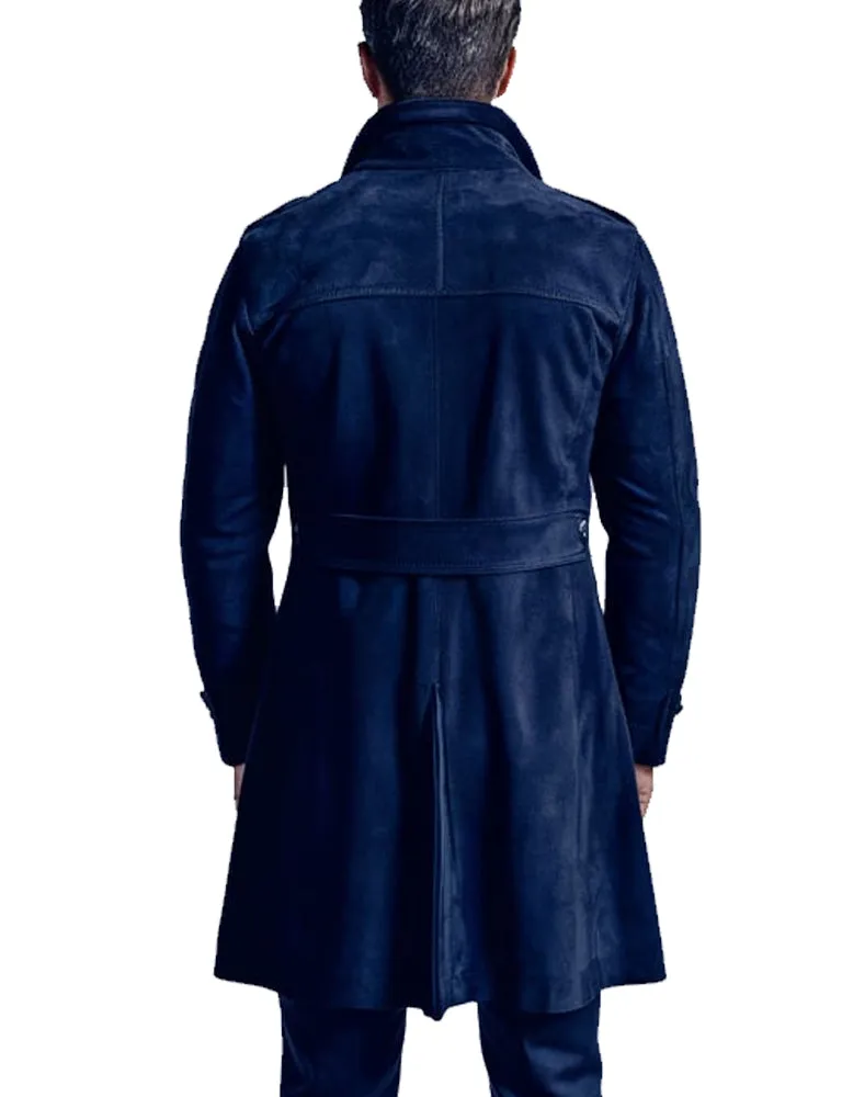 Men's Navy Blue Suede Double-Breasted Trench Coat