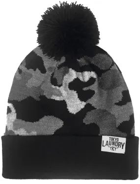 Men's Odysseus Camo Print Jacquard Bobble Hat in Black - Tokyo Laundry