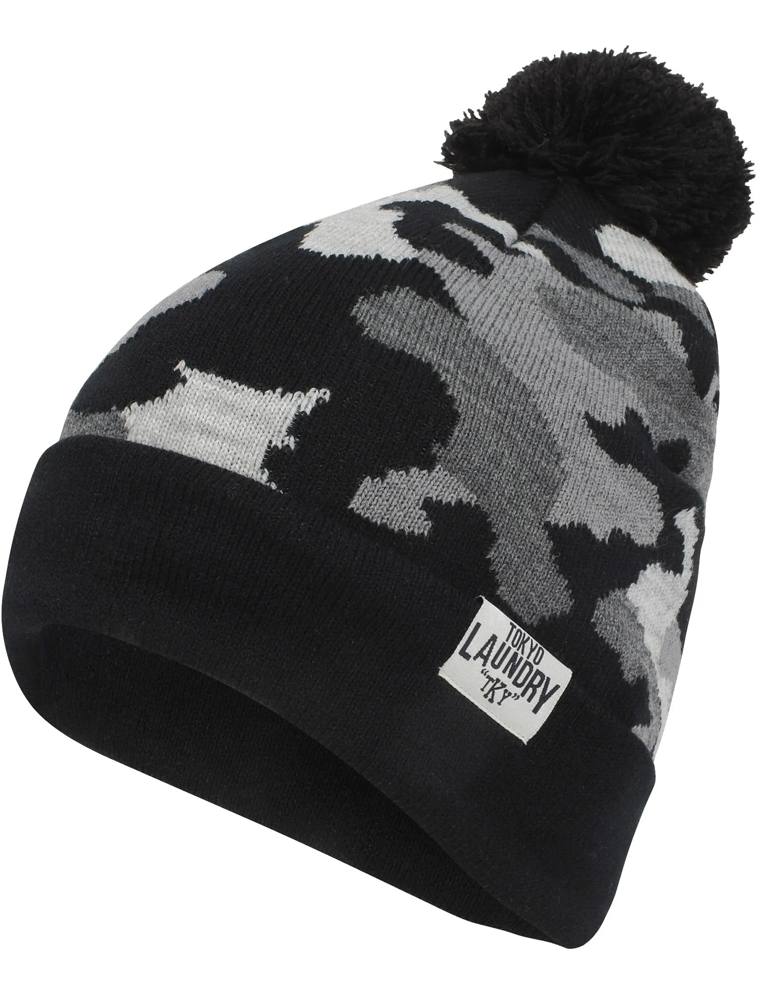 Men's Odysseus Camo Print Jacquard Bobble Hat in Black - Tokyo Laundry