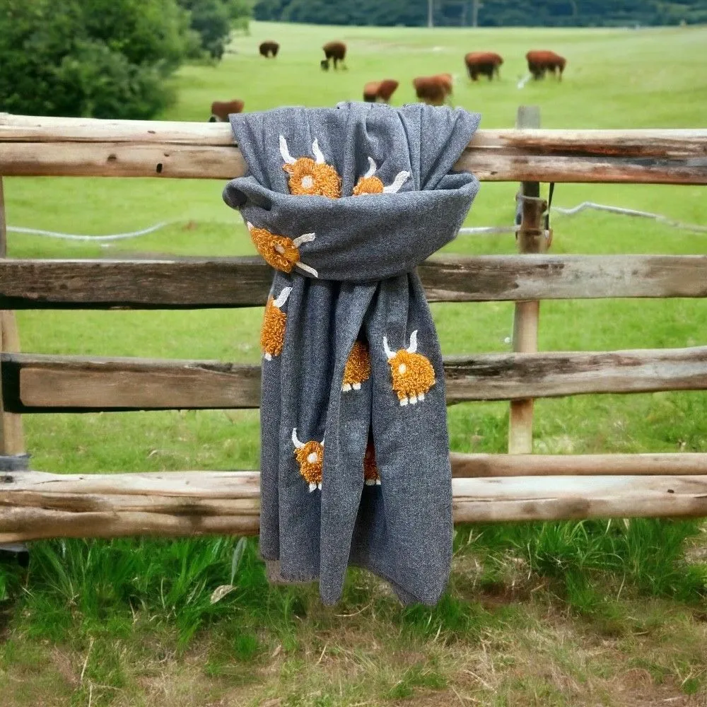 Mohair Highland Cow Hand Embroidered Charcoal Scarf