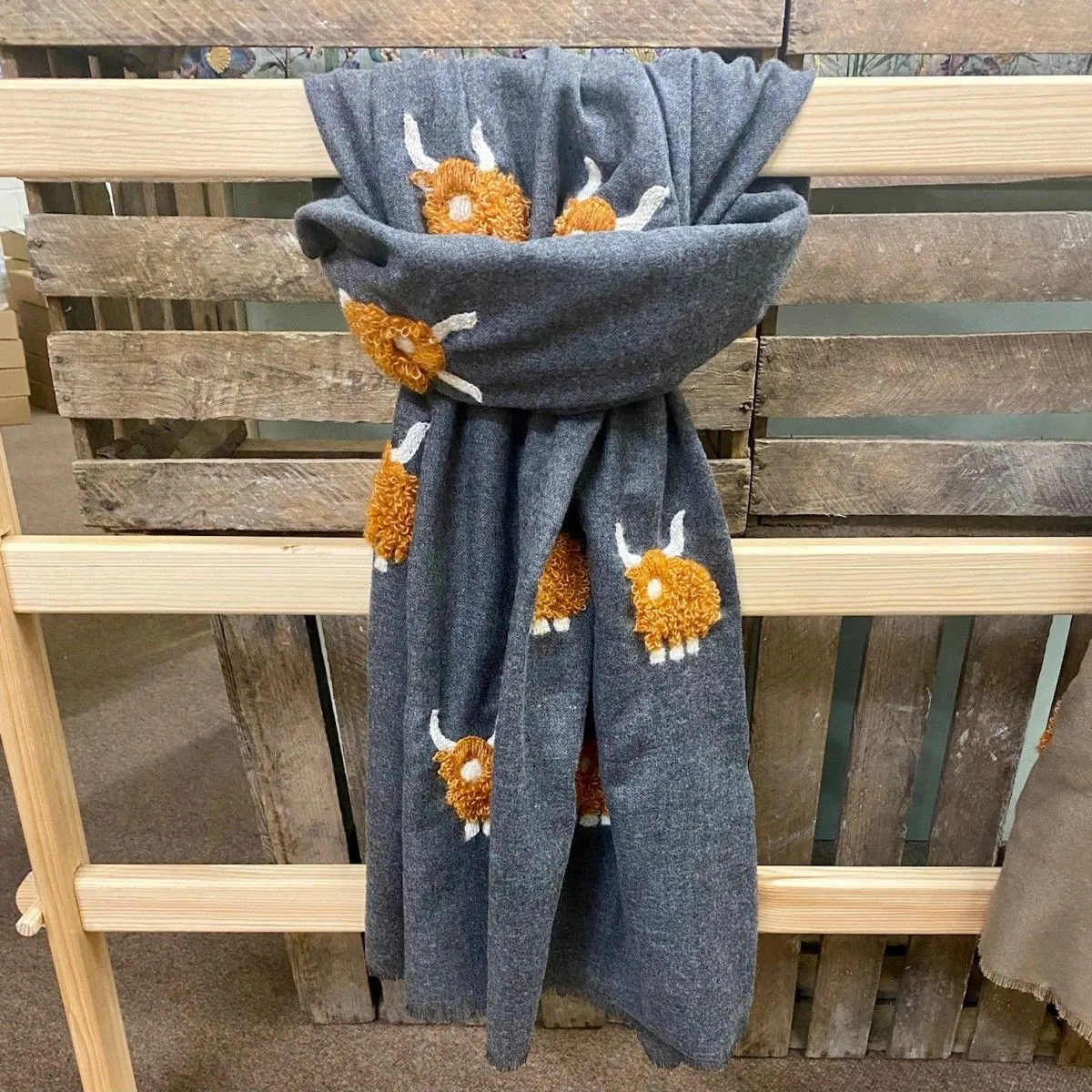 Mohair Highland Cow Hand Embroidered Charcoal Scarf