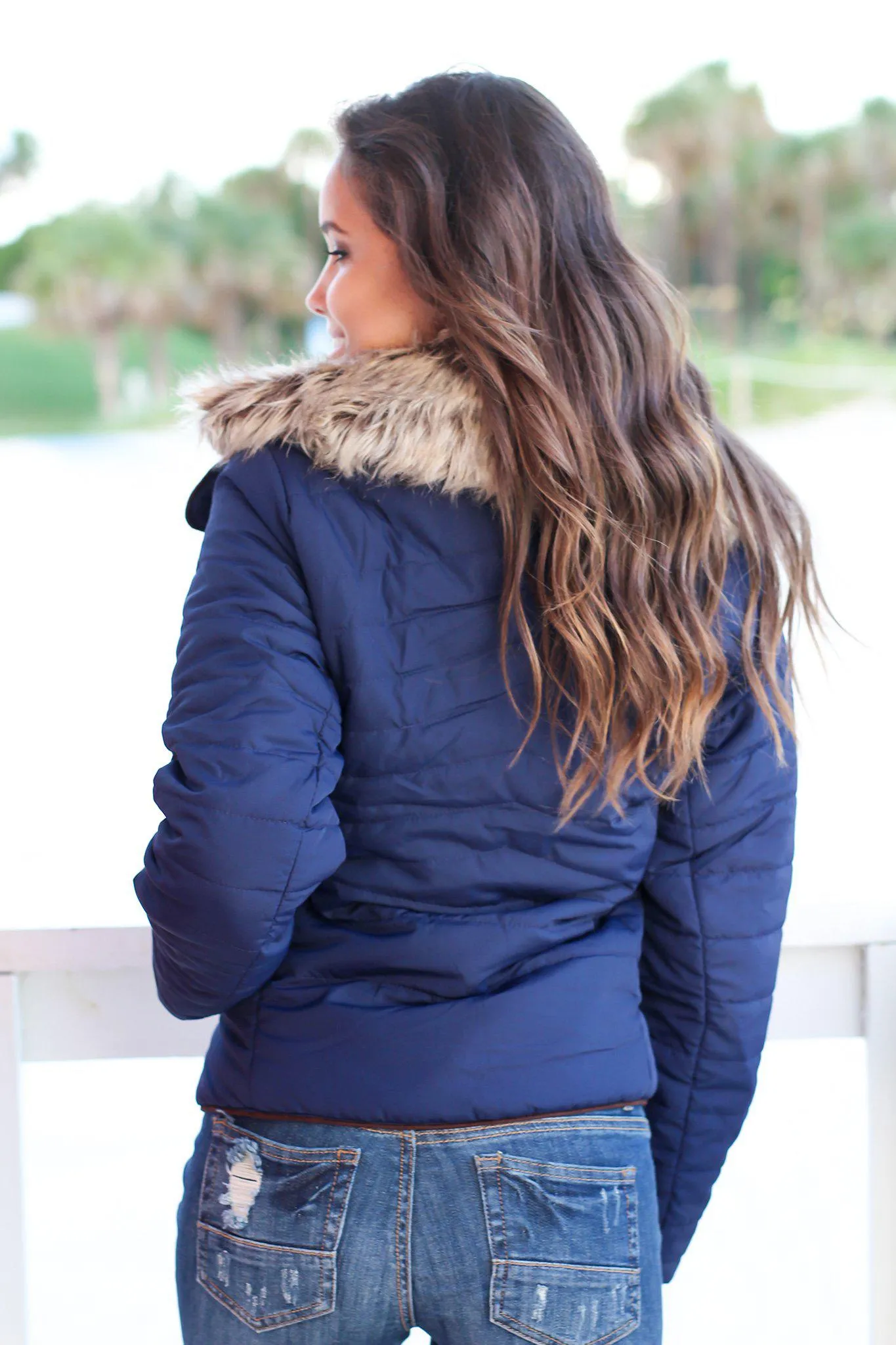 Navy Quilted Jacket with Side Zipper