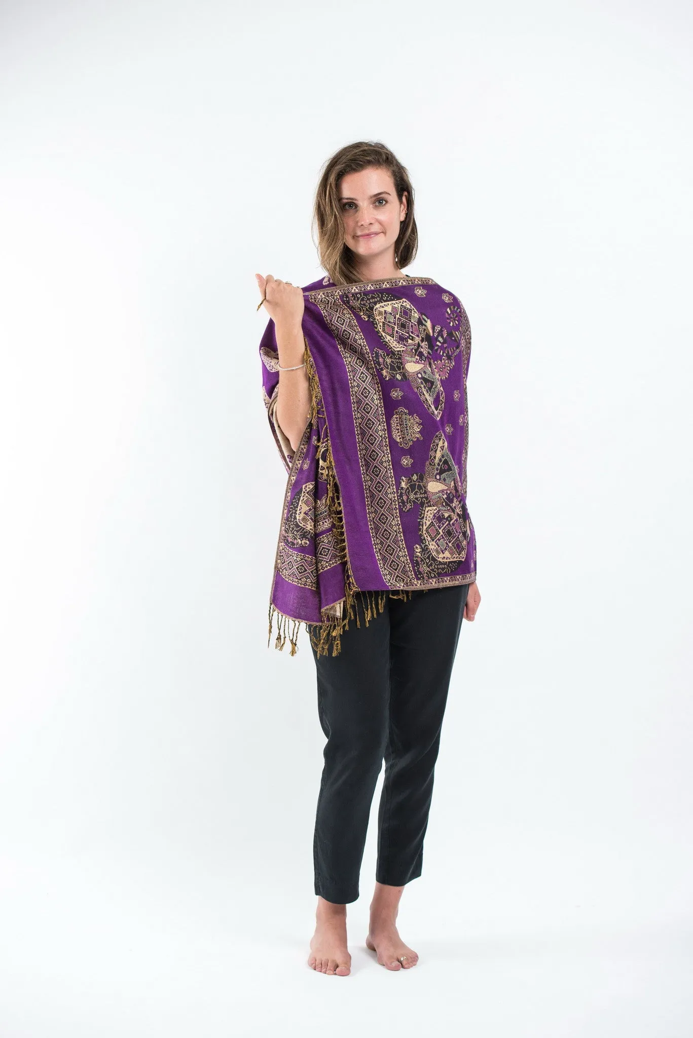 Nepal Elephant Pashmina Shawl Scarf in Purple