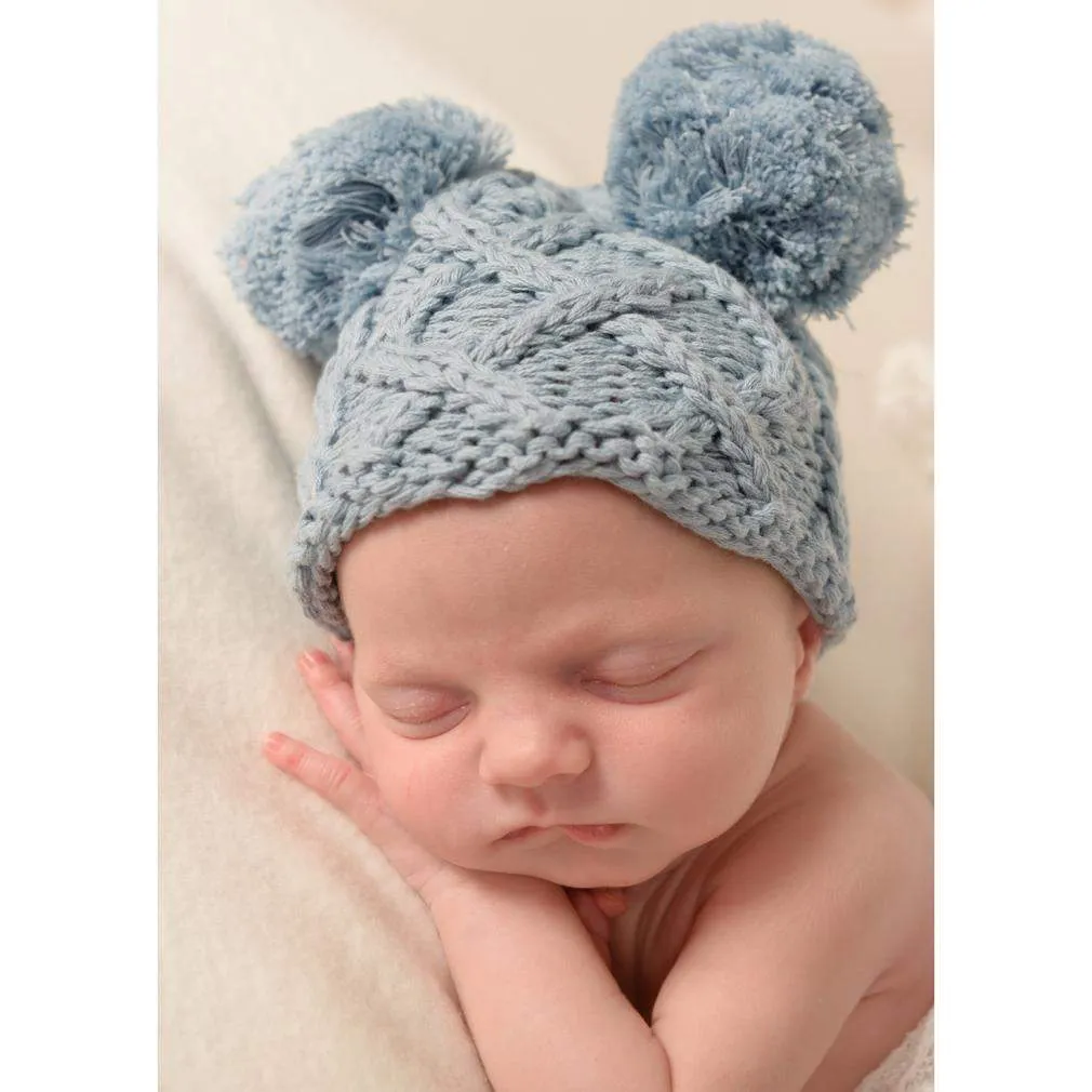 Newborn Aran Chambray Double Pom Pom Beanie Hat Infant