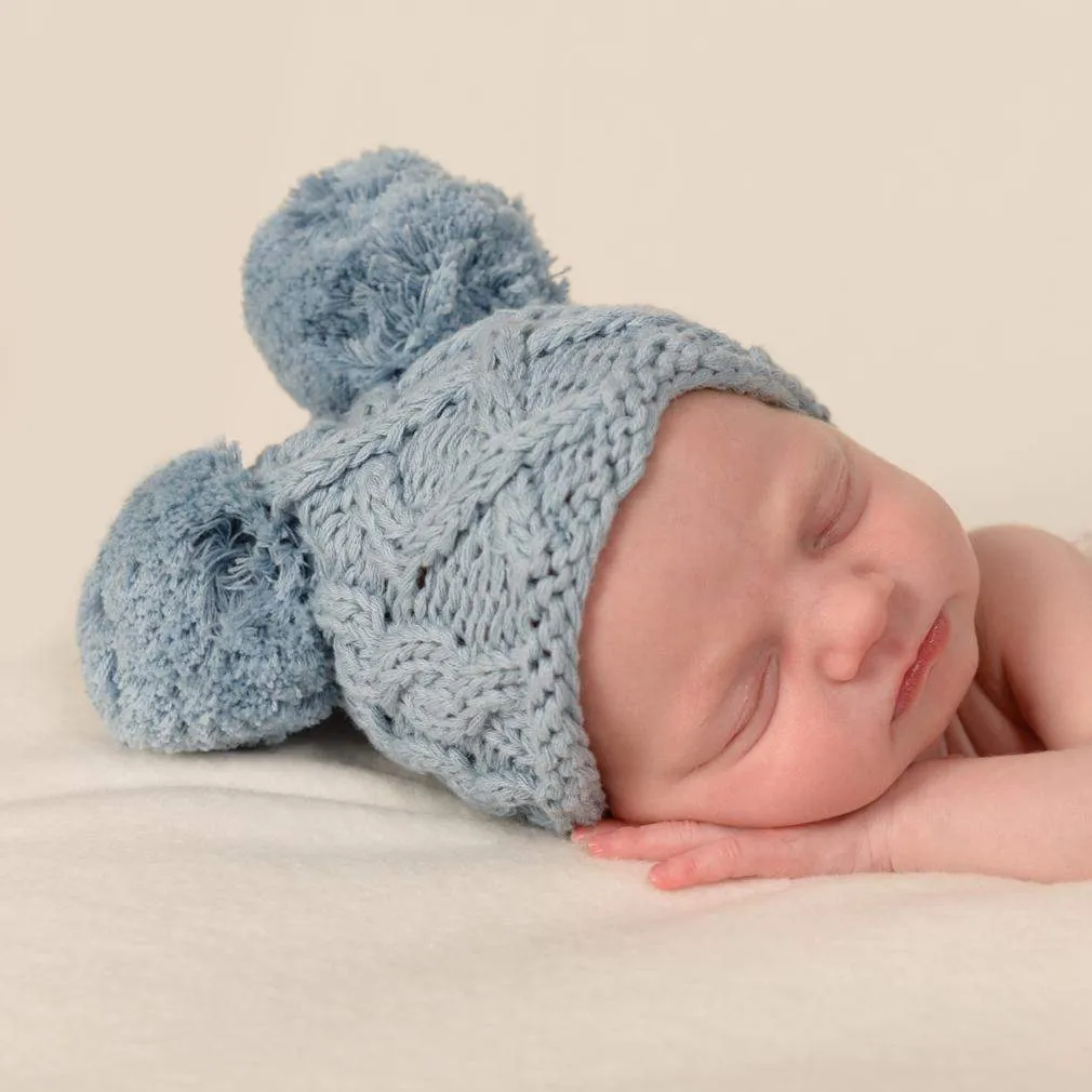 Newborn Aran Chambray Double Pom Pom Beanie Hat Infant