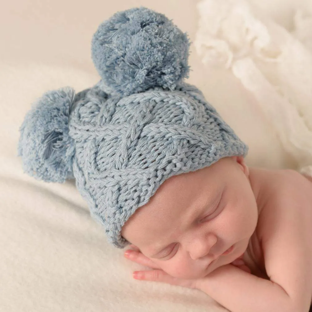 Newborn Aran Chambray Double Pom Pom Beanie Hat Infant