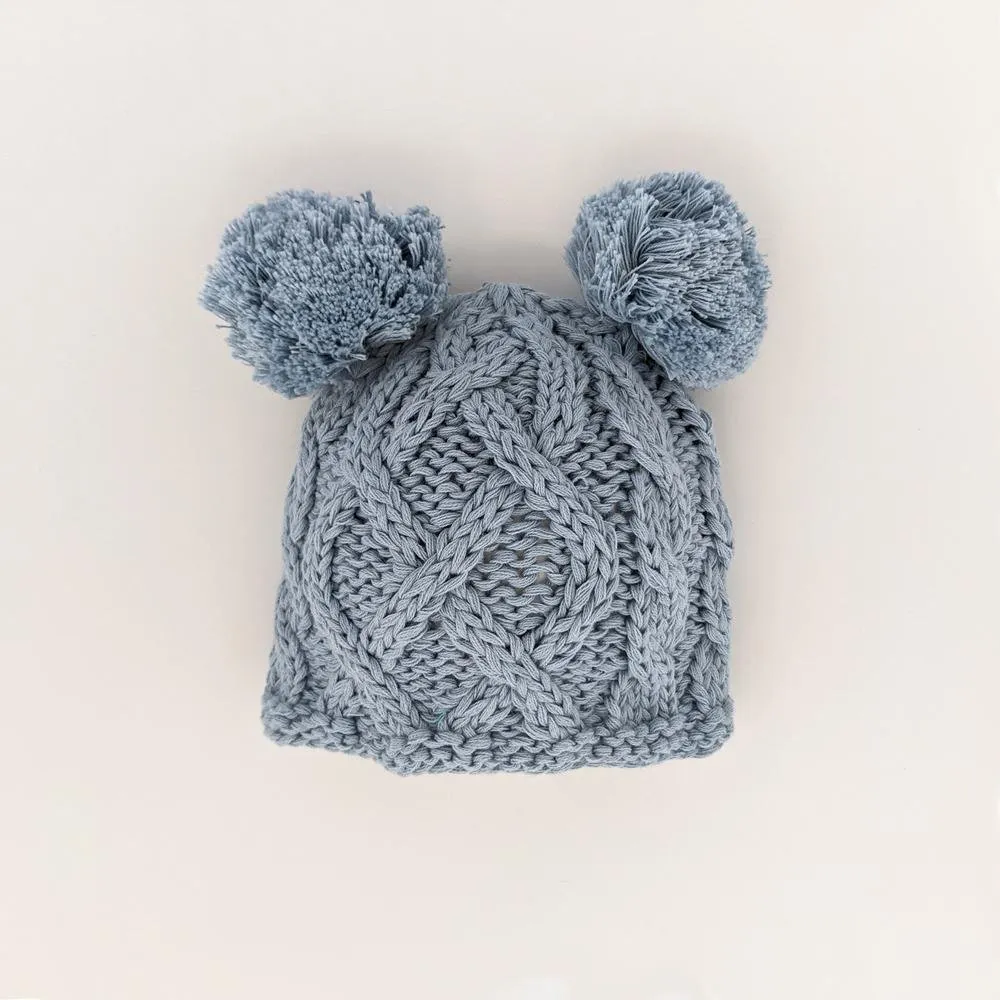 Newborn Aran Chambray Double Pom Pom Beanie Hat Infant