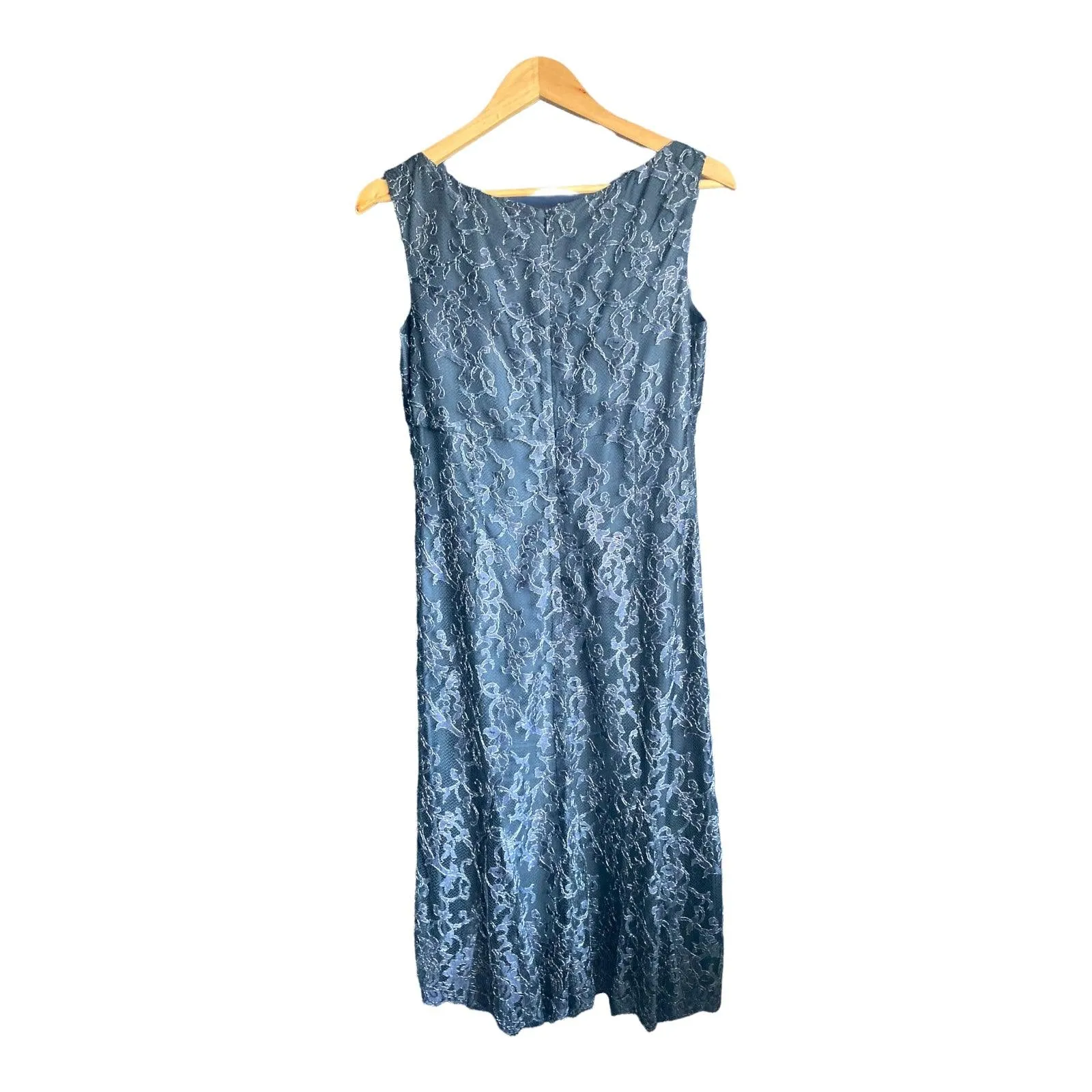 Paddy Campbell Dark Blue With Silver Lace Overlay Sleeveless Dress UK Size 12