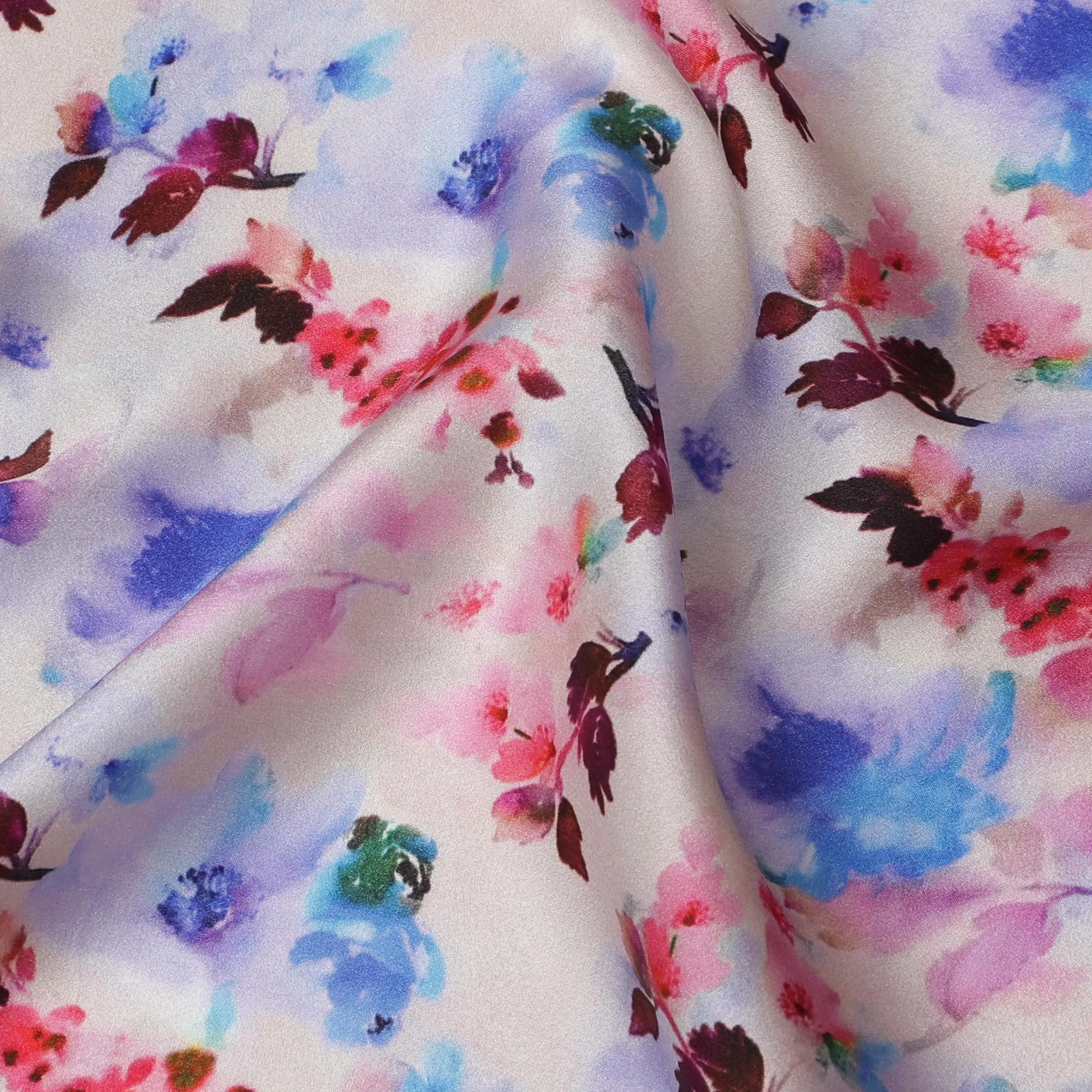 Pastel Watercolor Floral Silk Satin Fabric with Mirror Work - 110 cm Width-D20285