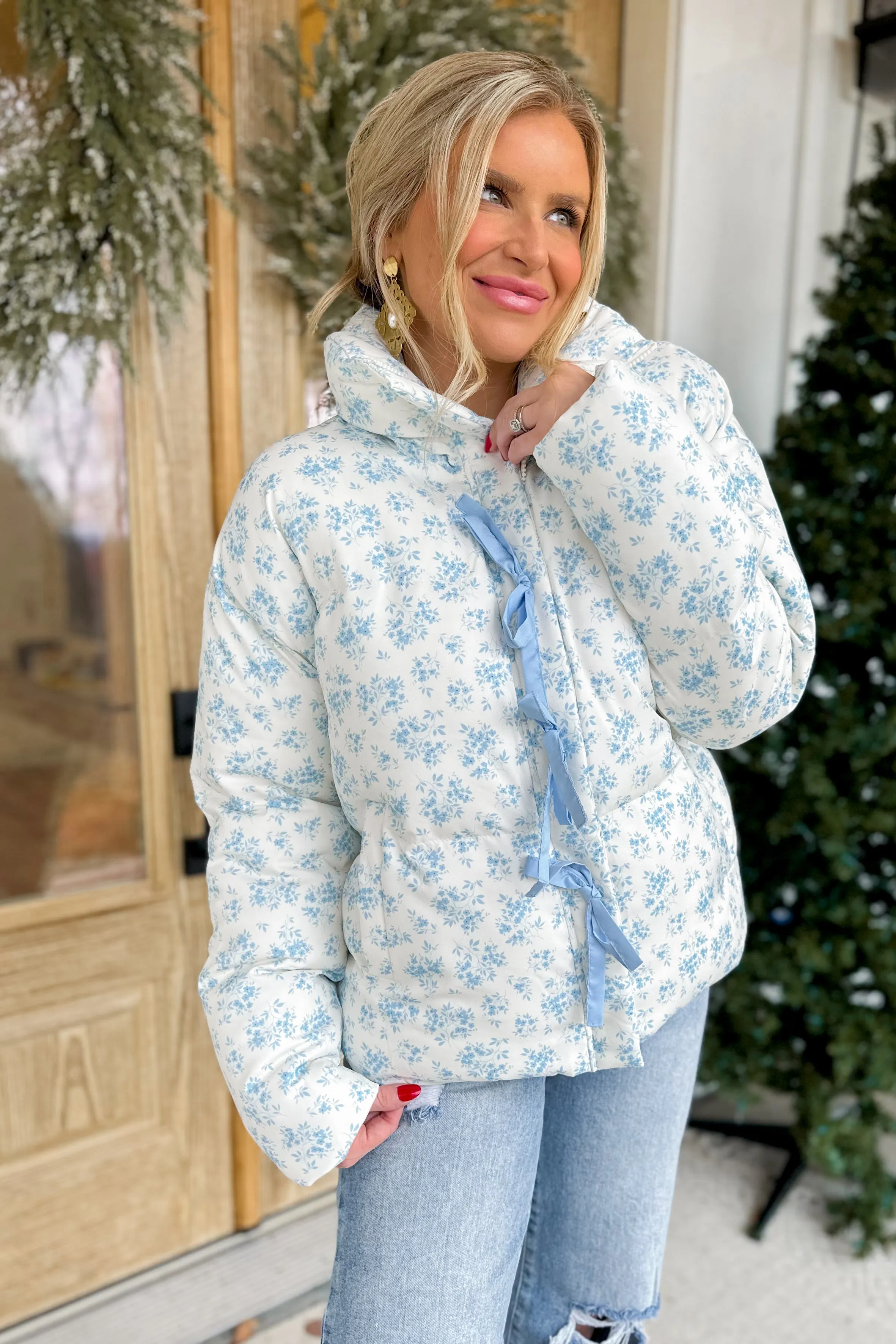 Patsy Floral Print Puffer Jacket with Contrasting Ribbon Bow