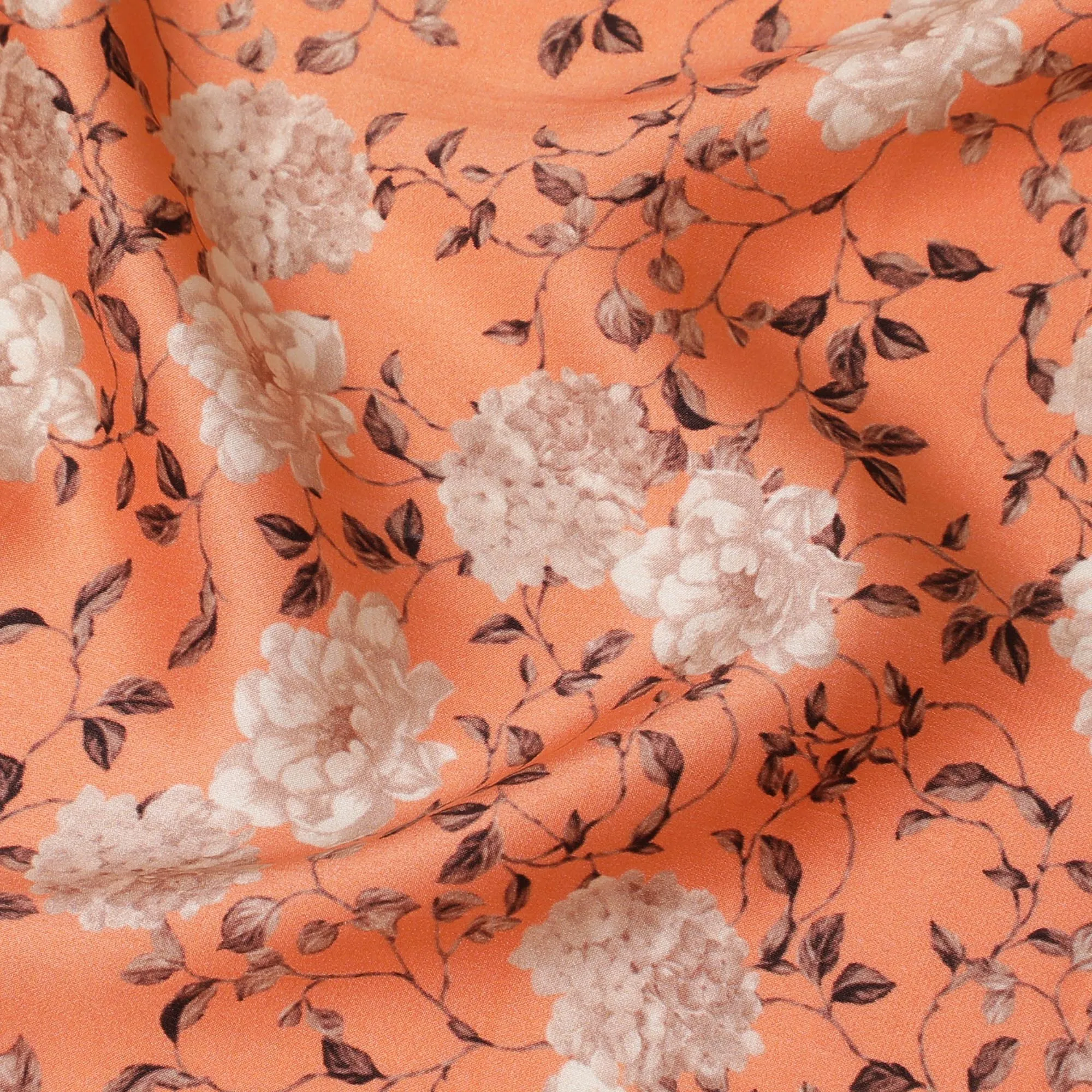 Peach & Cream Floral Silk Satin Fabric with Mirror Work - 110 cm Width-D20278