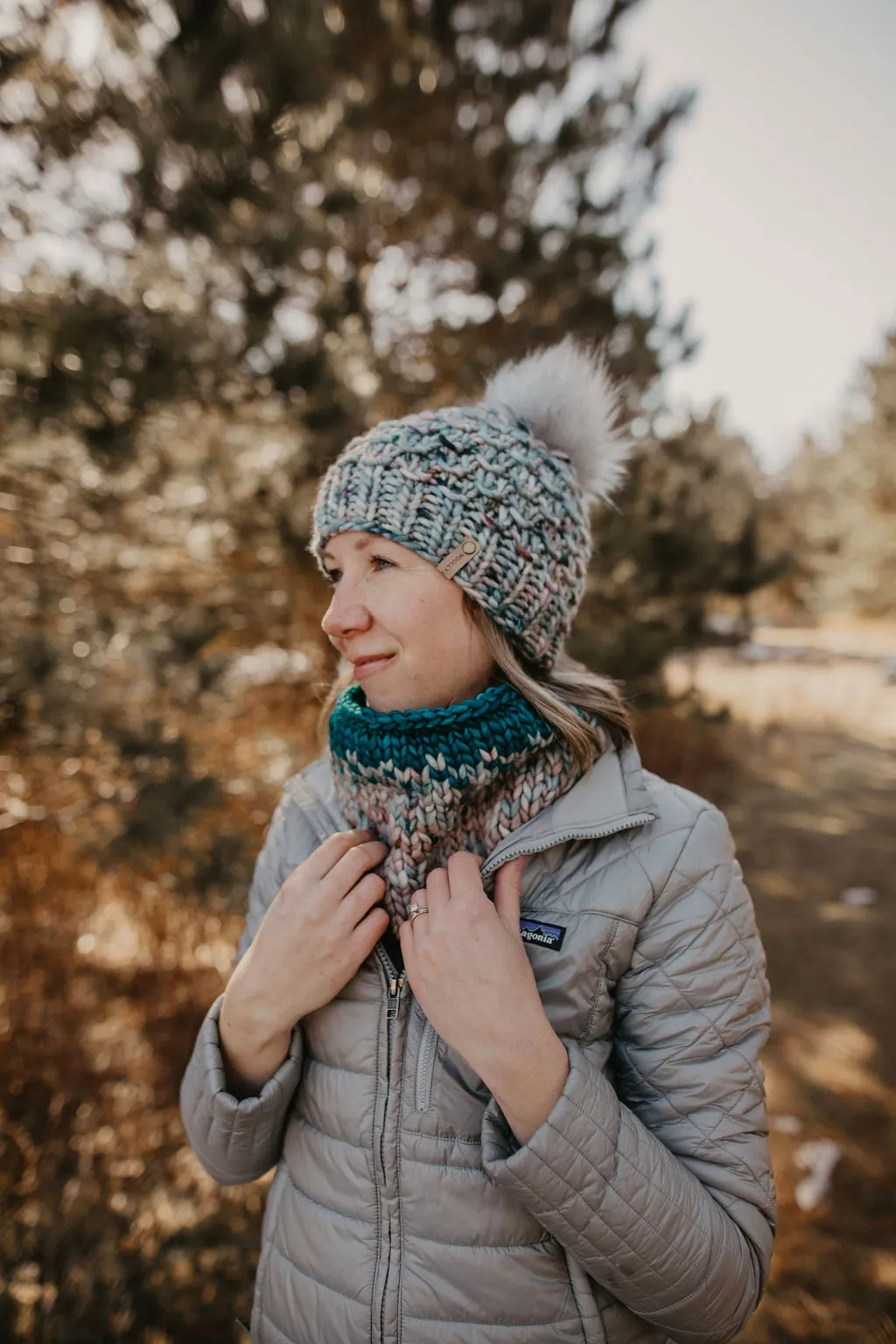 Pearl Gray, Blue, and Teal Merino Wool Fair Isle Hand Knit Cowl