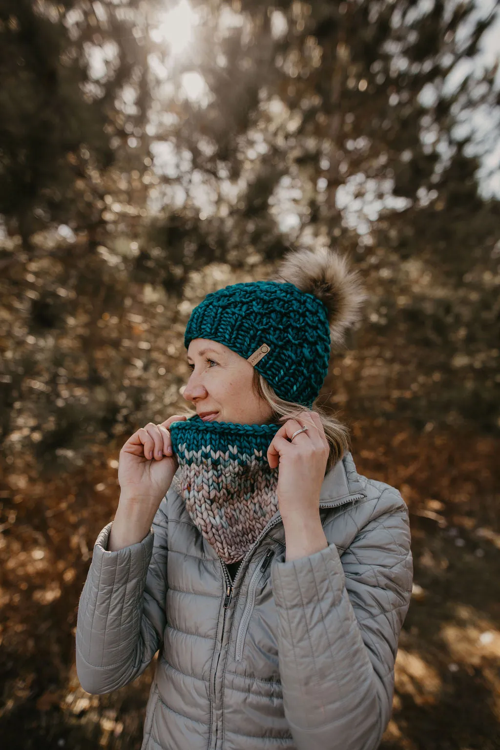 Pearl Gray, Blue, and Teal Merino Wool Fair Isle Hand Knit Cowl