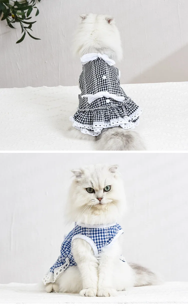 Pet Clothes Spring and Summer Cat Clothing Lace Tartan Skirt