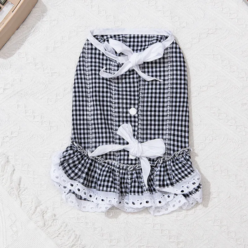 Pet Clothes Spring and Summer Cat Clothing Lace Tartan Skirt