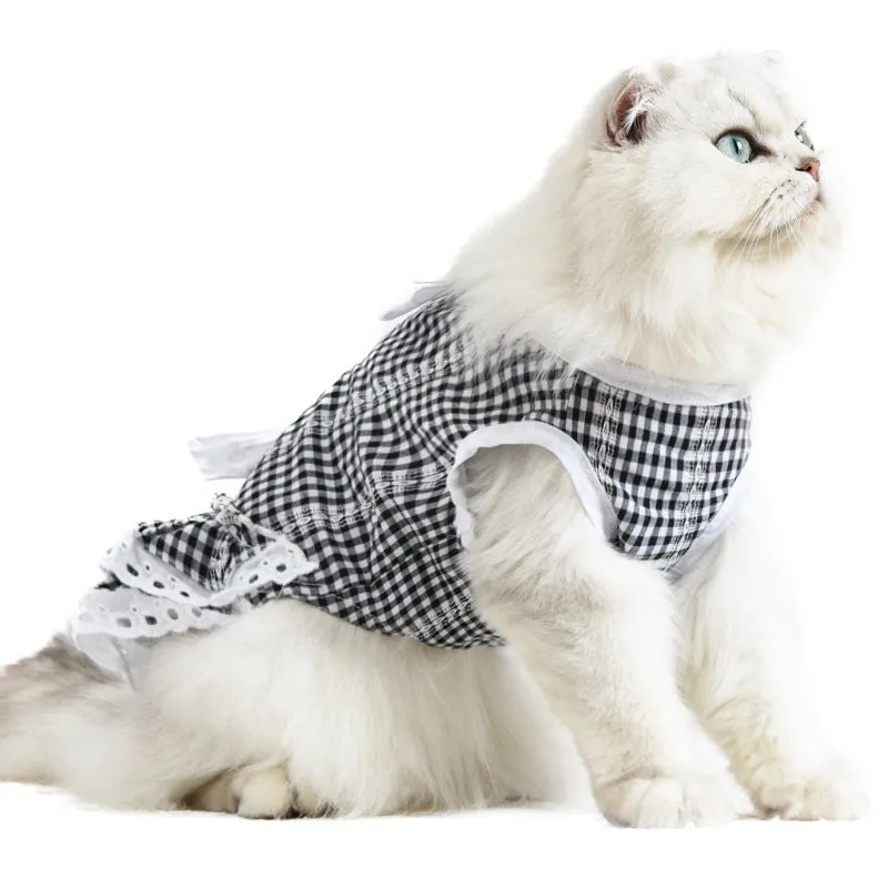 Pet Clothes Spring and Summer Cat Clothing Lace Tartan Skirt