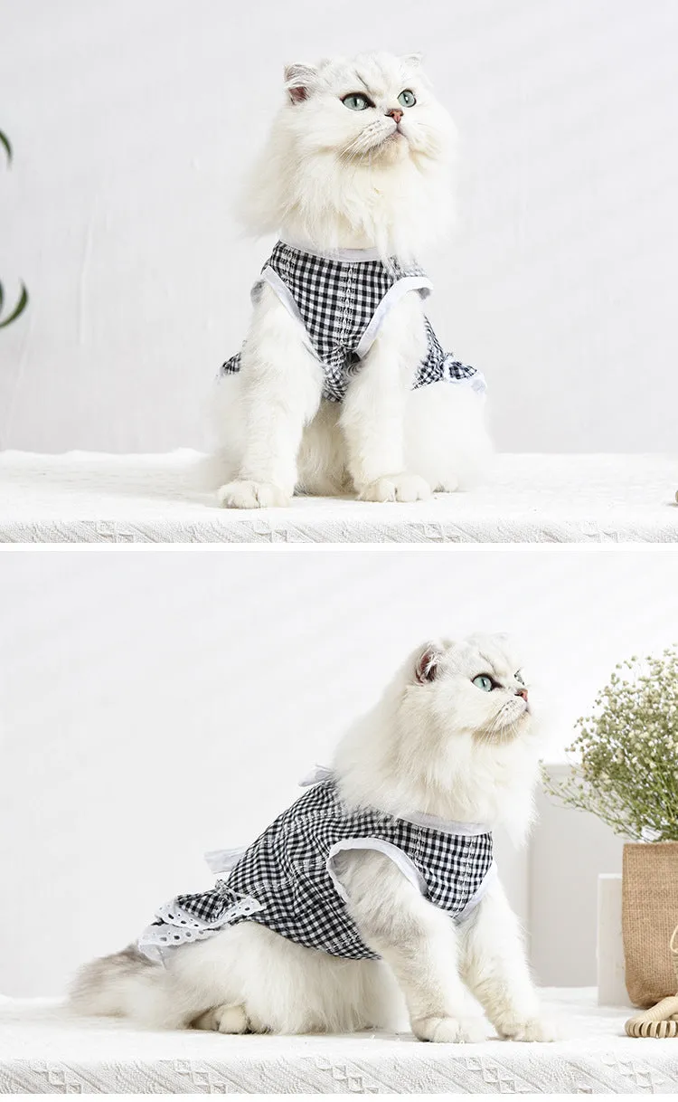 Pet Clothes Spring and Summer Cat Clothing Lace Tartan Skirt