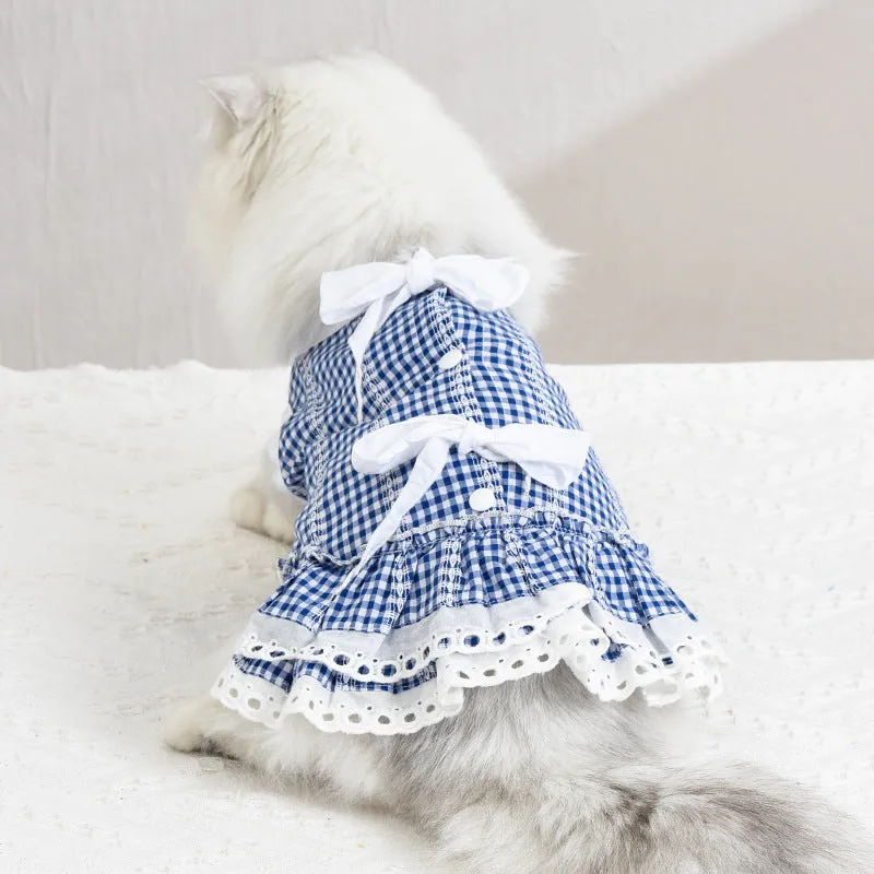 Pet Clothes Spring and Summer Cat Clothing Lace Tartan Skirt