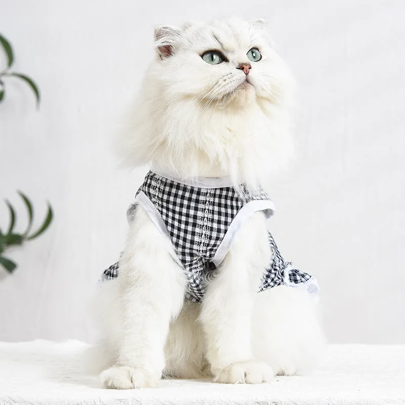 Pet Clothes Spring and Summer Cat Clothing Lace Tartan Skirt