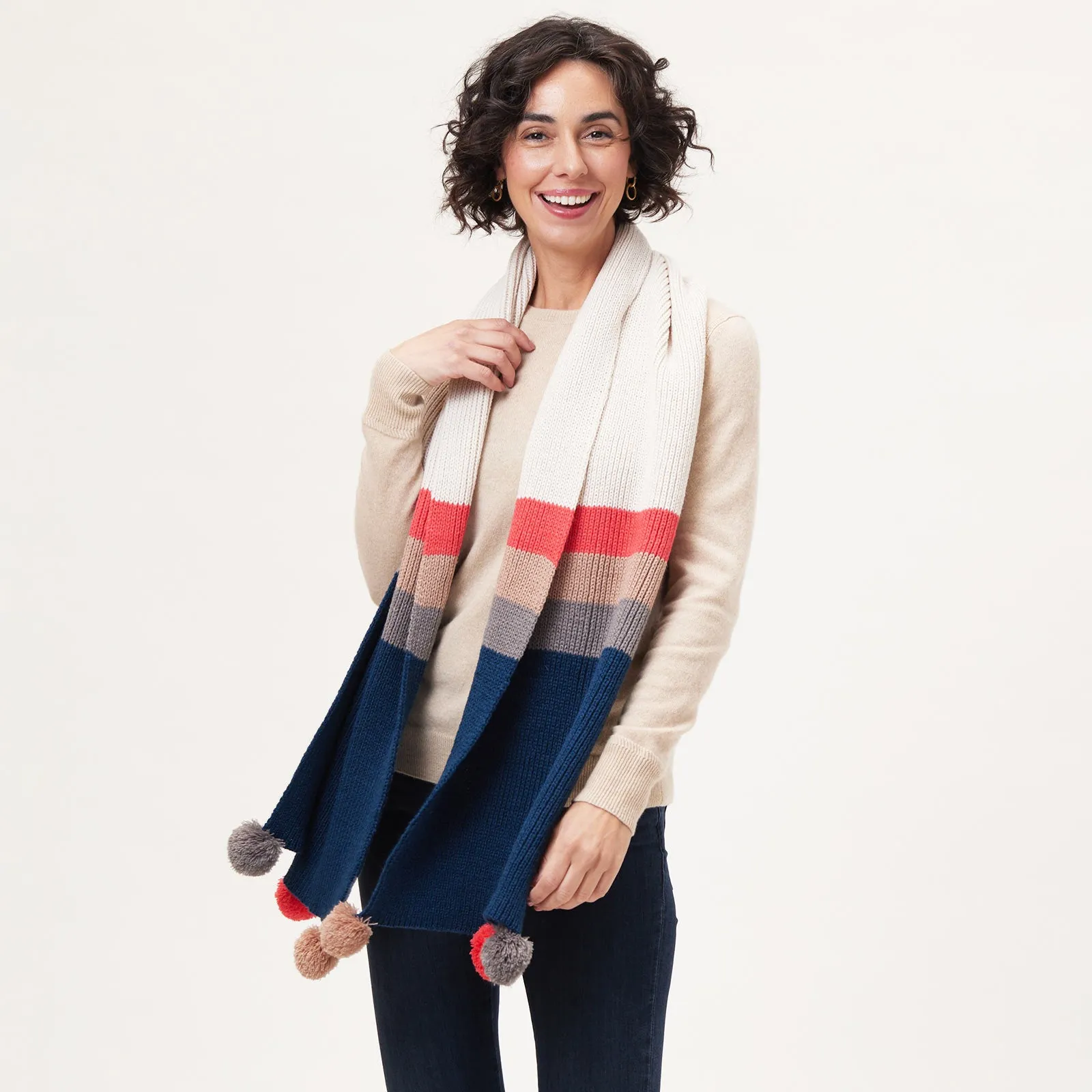 Piccadilly Stripe Pink Tan Knit Pom Pom Scarf