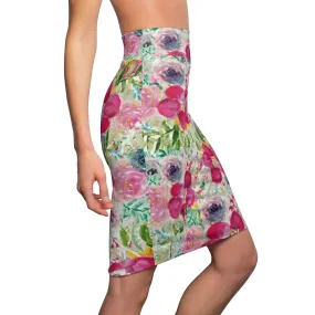 Pink Floral Women's Pencil Skirt, Mixed Girlie Rose Flower Print Patterned Skirt-Made in USA