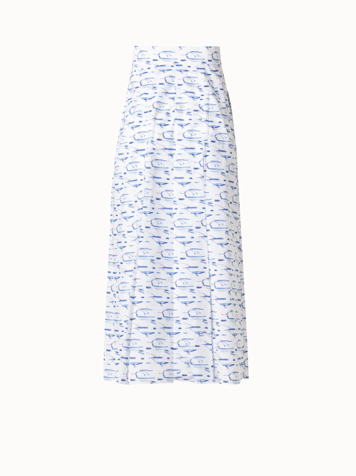 Pleated Cotton Midi Skirt with Kasuri Birds Print