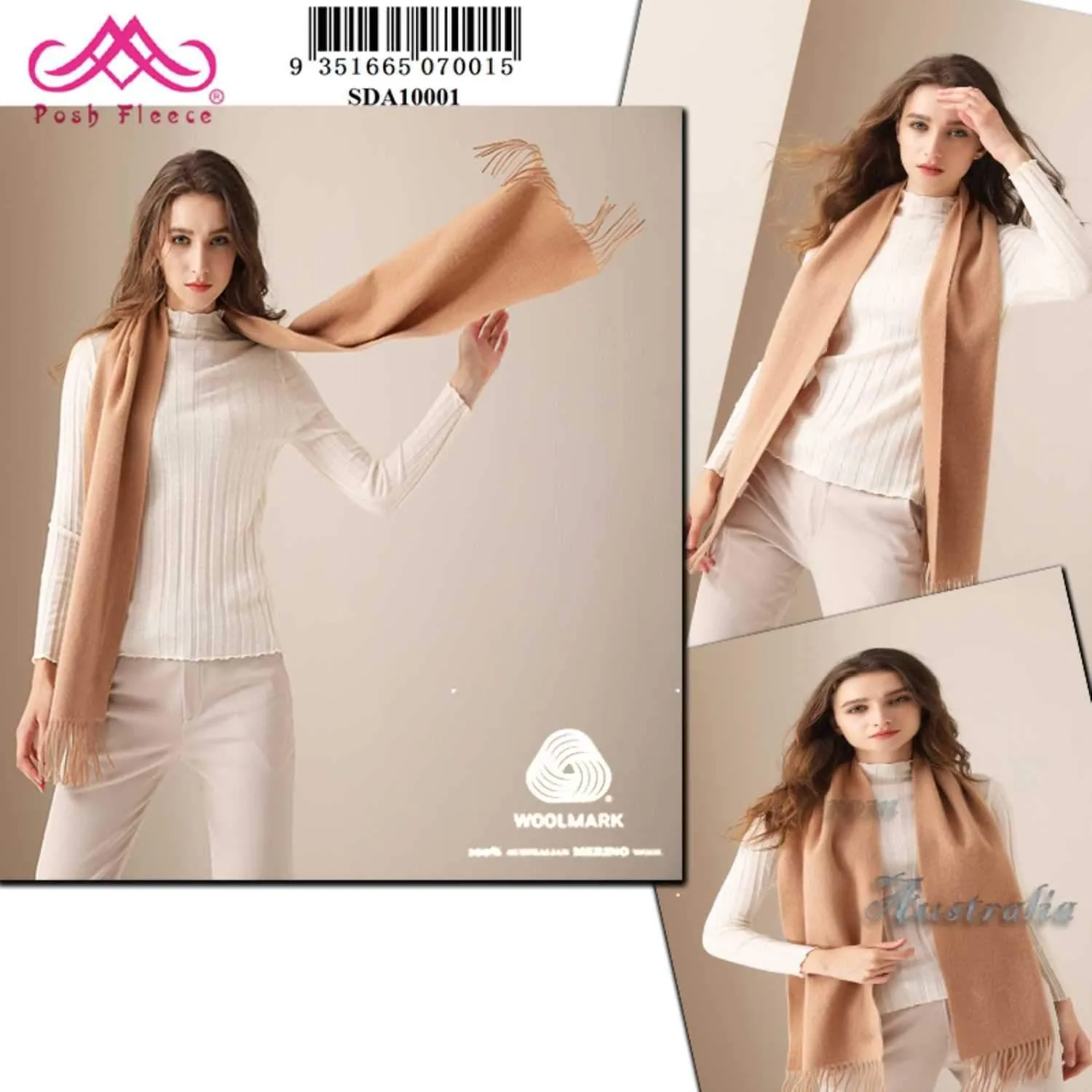 POSH FLEECE Pure Wool Scarf with Fringe Beige