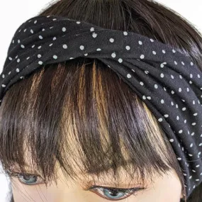 Premium twisted comfy wide bamboo blend knit headband, black with white dots