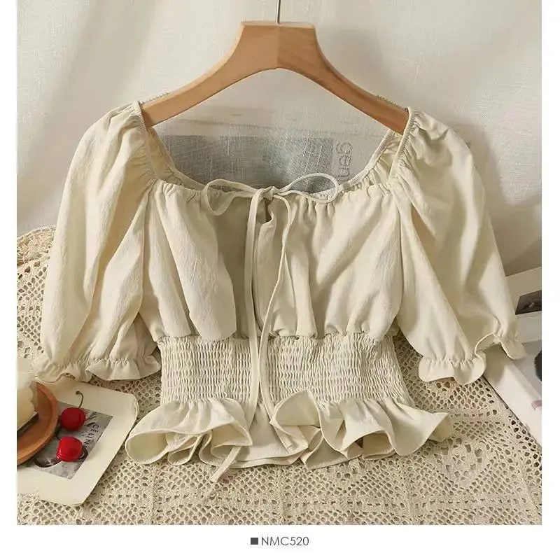 Ruffled Elastic Sweet Crop Blouse - French One