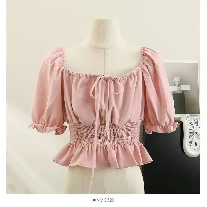 Ruffled Elastic Sweet Crop Blouse - French One