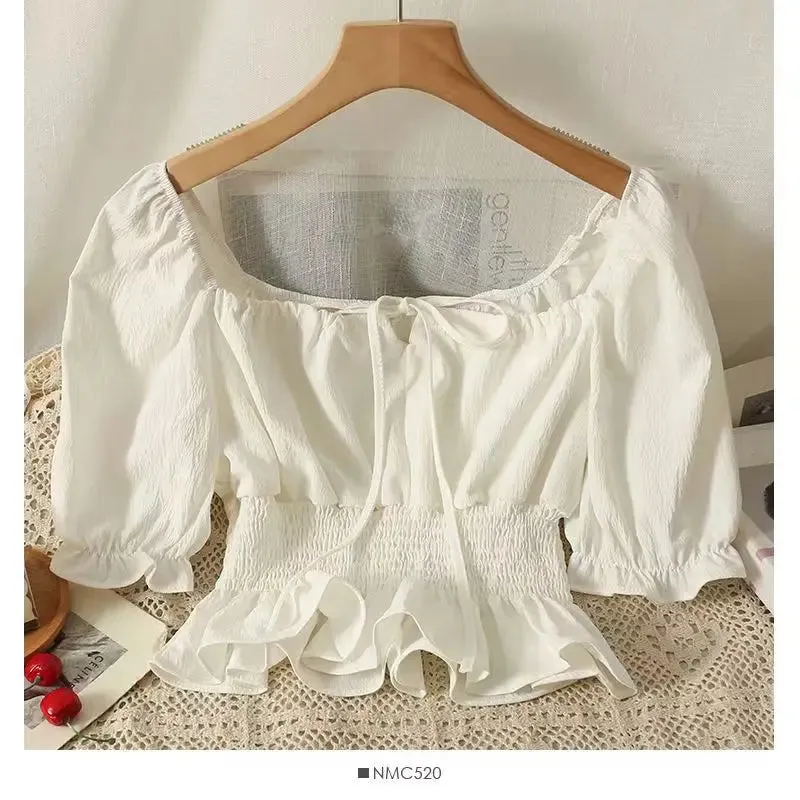 Ruffled Elastic Sweet Crop Blouse - French One