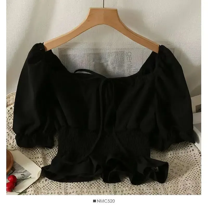 Ruffled Elastic Sweet Crop Blouse - French One