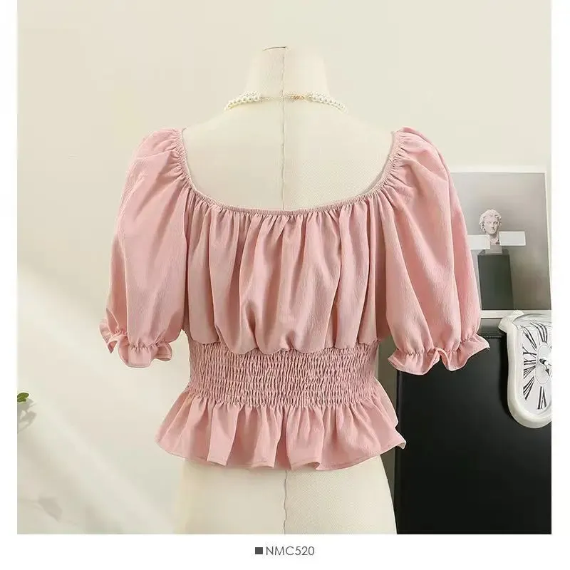 Ruffled Elastic Sweet Crop Blouse - French One