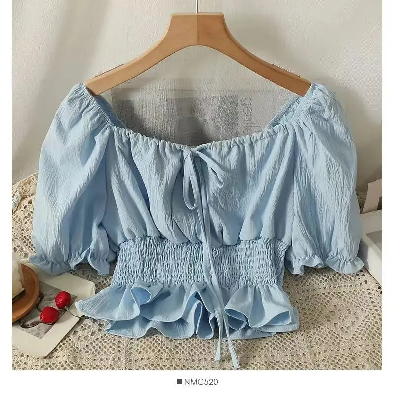 Ruffled Elastic Sweet Crop Blouse - French One