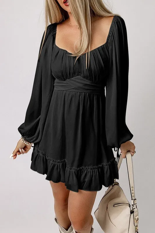 Ruffled High Waist Square Neck Mini Dress