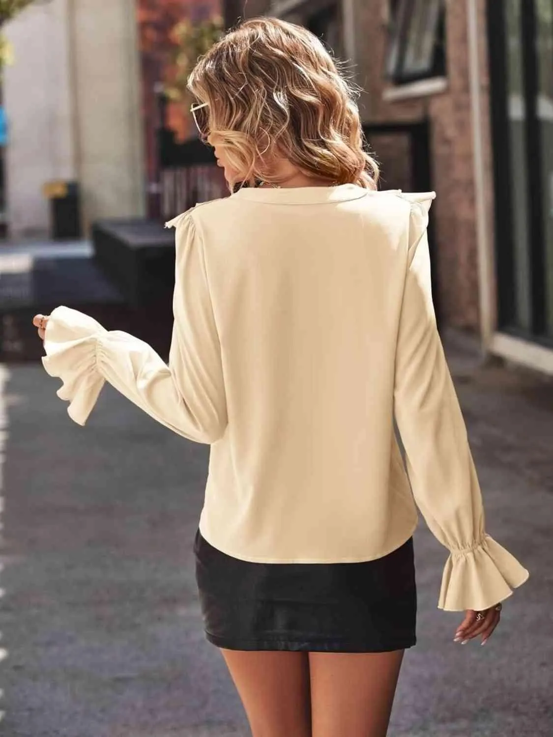 Ruffled V-Neck Flounce Sleeve Shirt