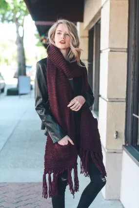 Scarf - Knitted Fringed Pockets - Burgandy